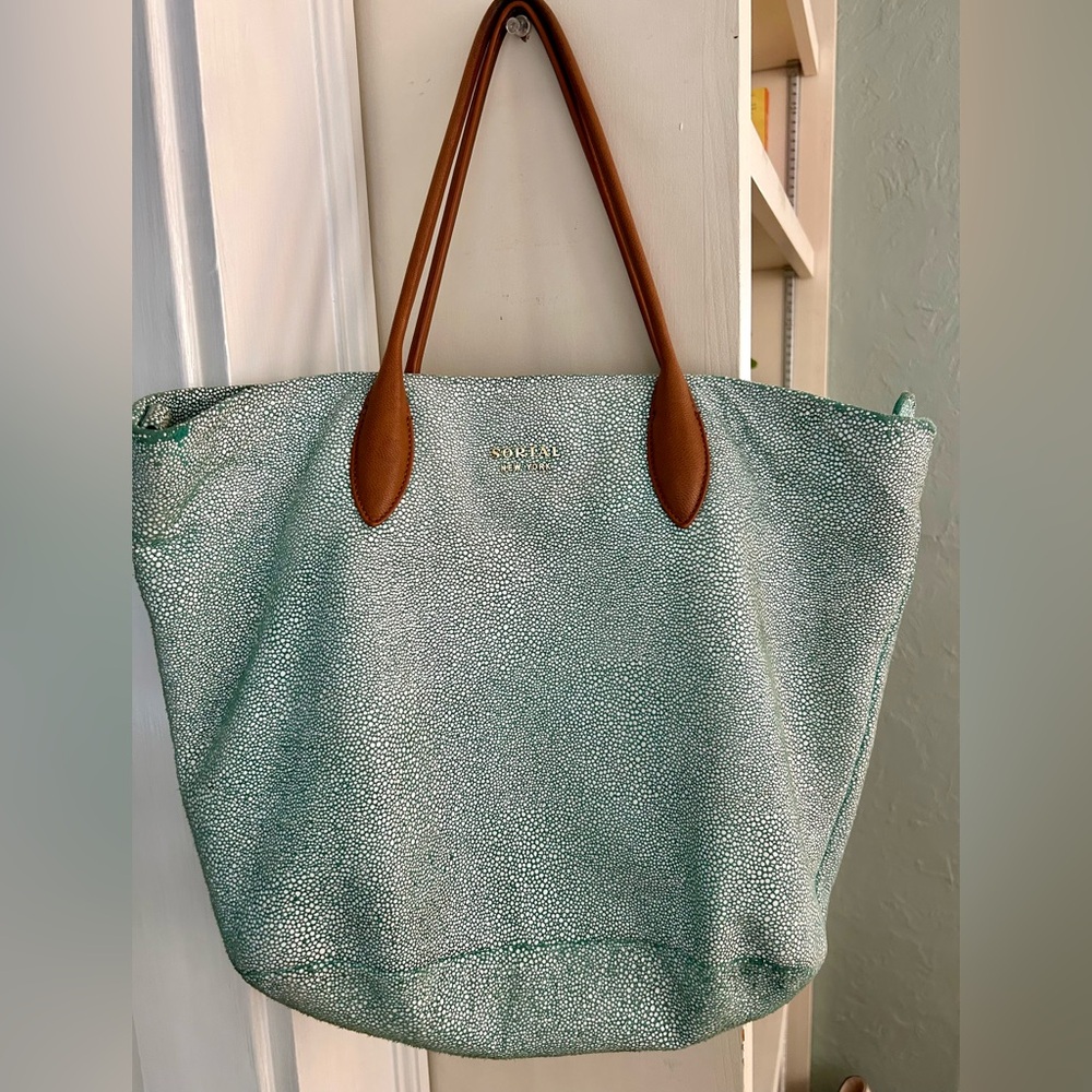 Sorial Seafoam Green Tote with Tan Handles